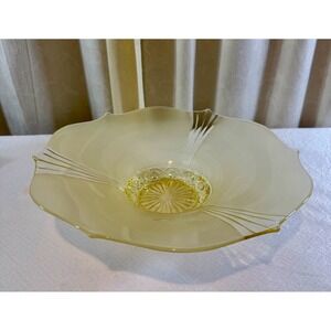 Vintage Lancaster Glass Satin Yellow Console Bowl w/ Criss-Cross Footed Base